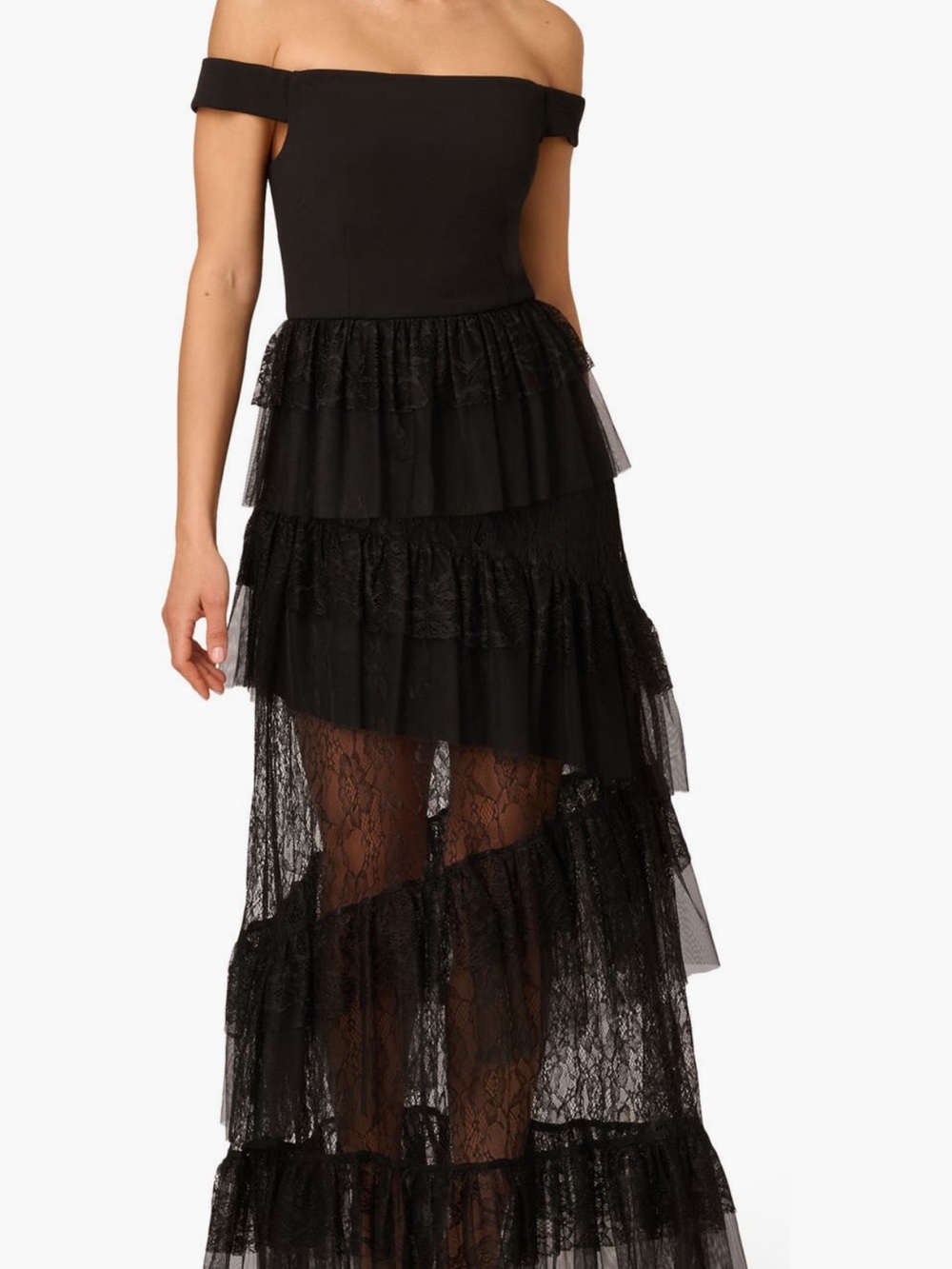 Adrianna Papell Black Off-the-Shoulder Tiered Lace Gown